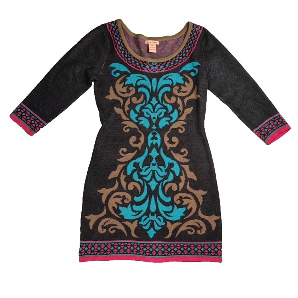 Flying Tomato Sweater Dress S Black Colors Scoop Neck Knit 3/4 Sleeve Bodycon